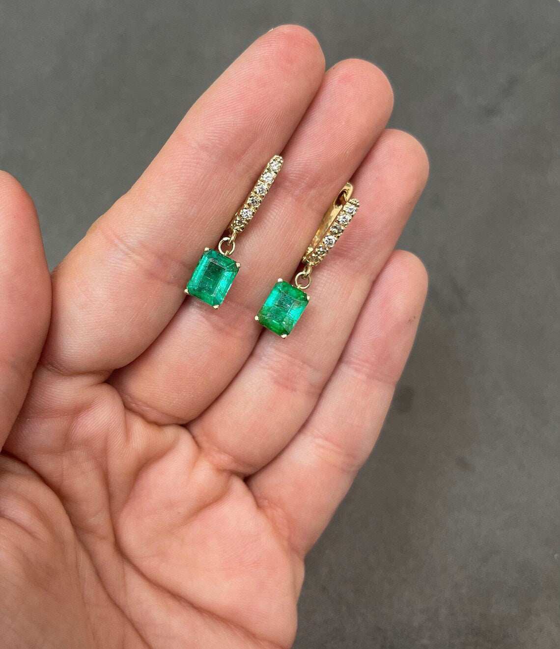 4.84tcw Rich Dark Green Emerald & Diamond Lever Back Omega Earrings 14K