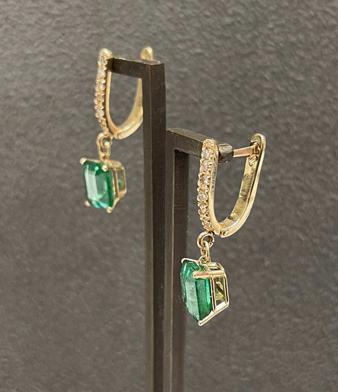 4.84tcw Rich Dark Green Emerald & Diamond Latch Back Omega Earrings 14K