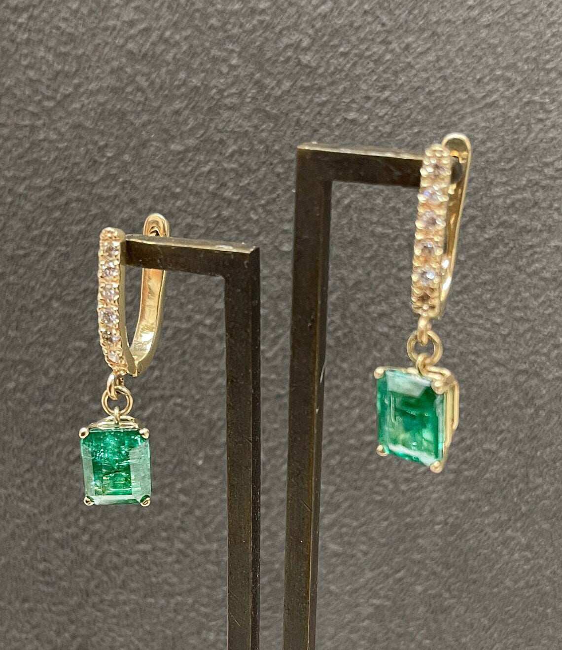 4.84tcw Rich Dark Green Emerald & Diamond Latch Back Omega Earrings 14K