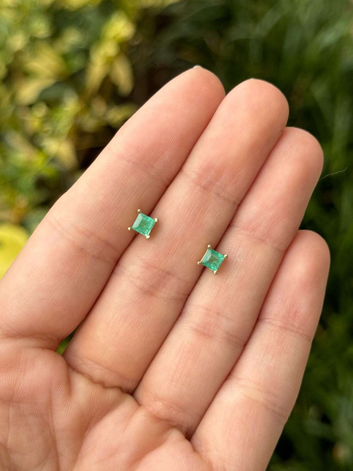 0.80tcw 14K Princess Cut Four Prong Set Emerald Lush Deep Green Asscher Baby Studs Earrings