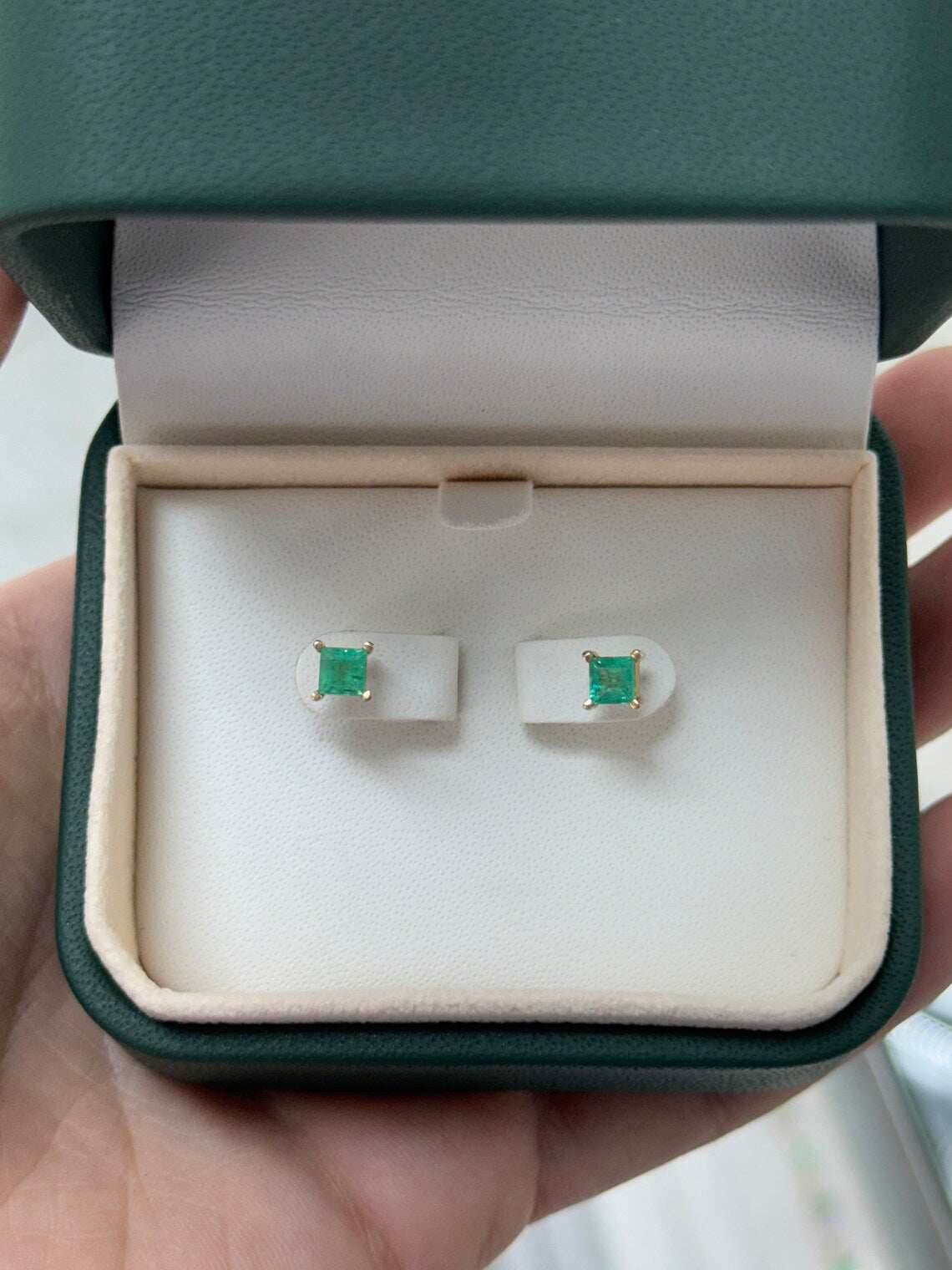 0.80tcw 14K Princess Cut Four Prong Set Emerald Lush Deep Green Asscher Baby Studs Earrings