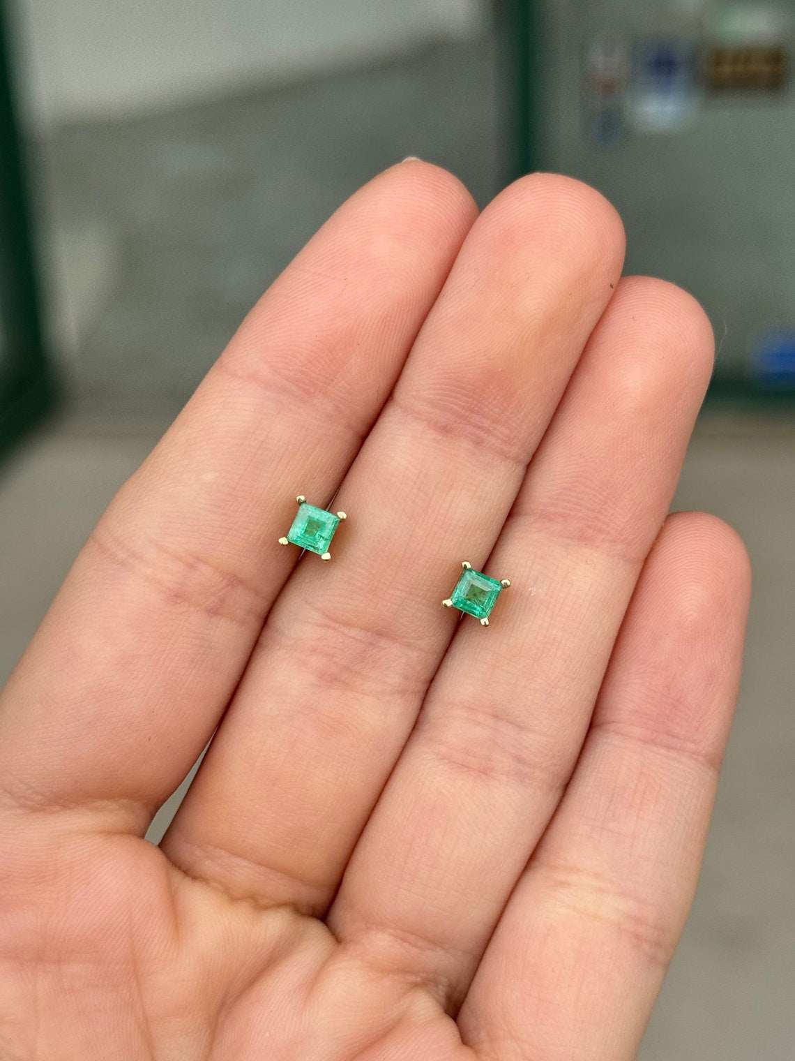0.80tcw 14K Princess Cut Four Prong Set Emerald Lush Deep Green Asscher Baby Studs Earrings