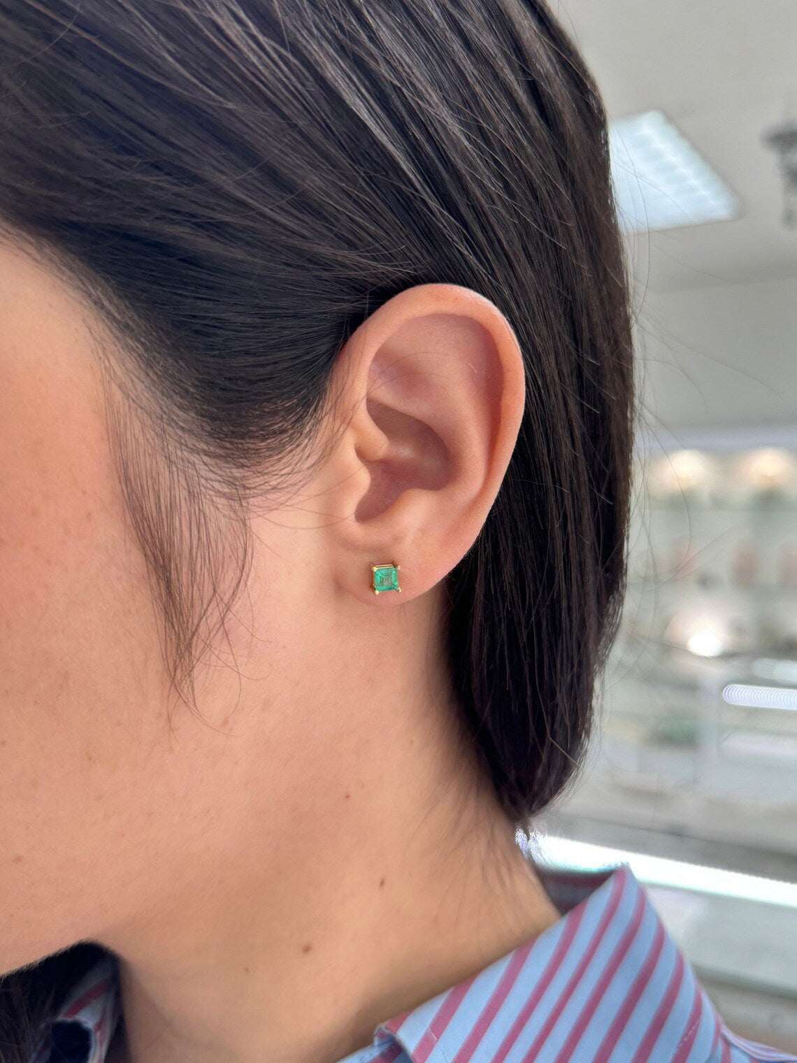0.80tcw 14K Princess Cut Four Prong Set Emerald Lush Deep Green Asscher Baby Studs Earrings