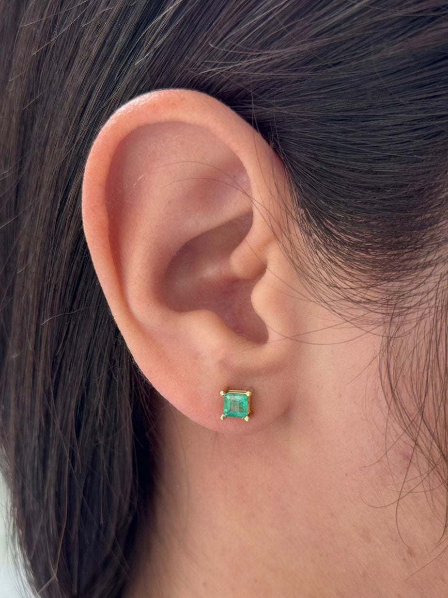 0.80tcw 14K Princess Cut Four Prong Set Emerald Lush Deep Green Asscher Baby Studs Earrings
