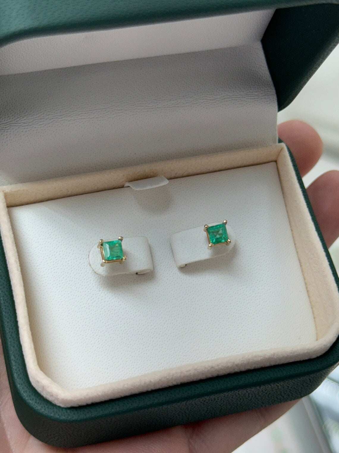 0.80tcw 14K Princess Cut Four Prong Set Emerald Lush Deep Green Asscher Baby Studs Earrings
