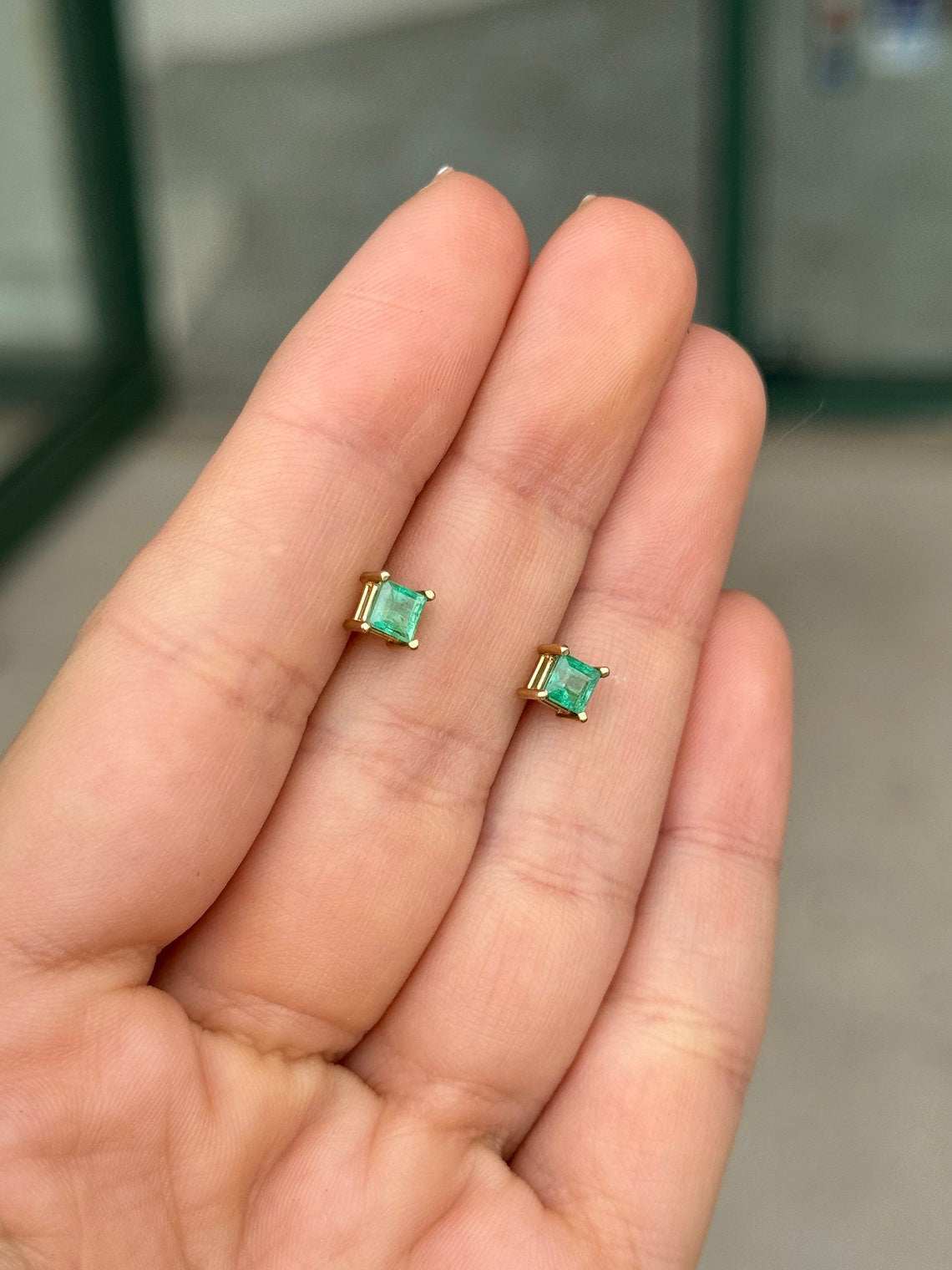 0.80tcw 14K Princess Cut Four Prong Set Emerald Lush Deep Green Asscher Baby Studs Earrings