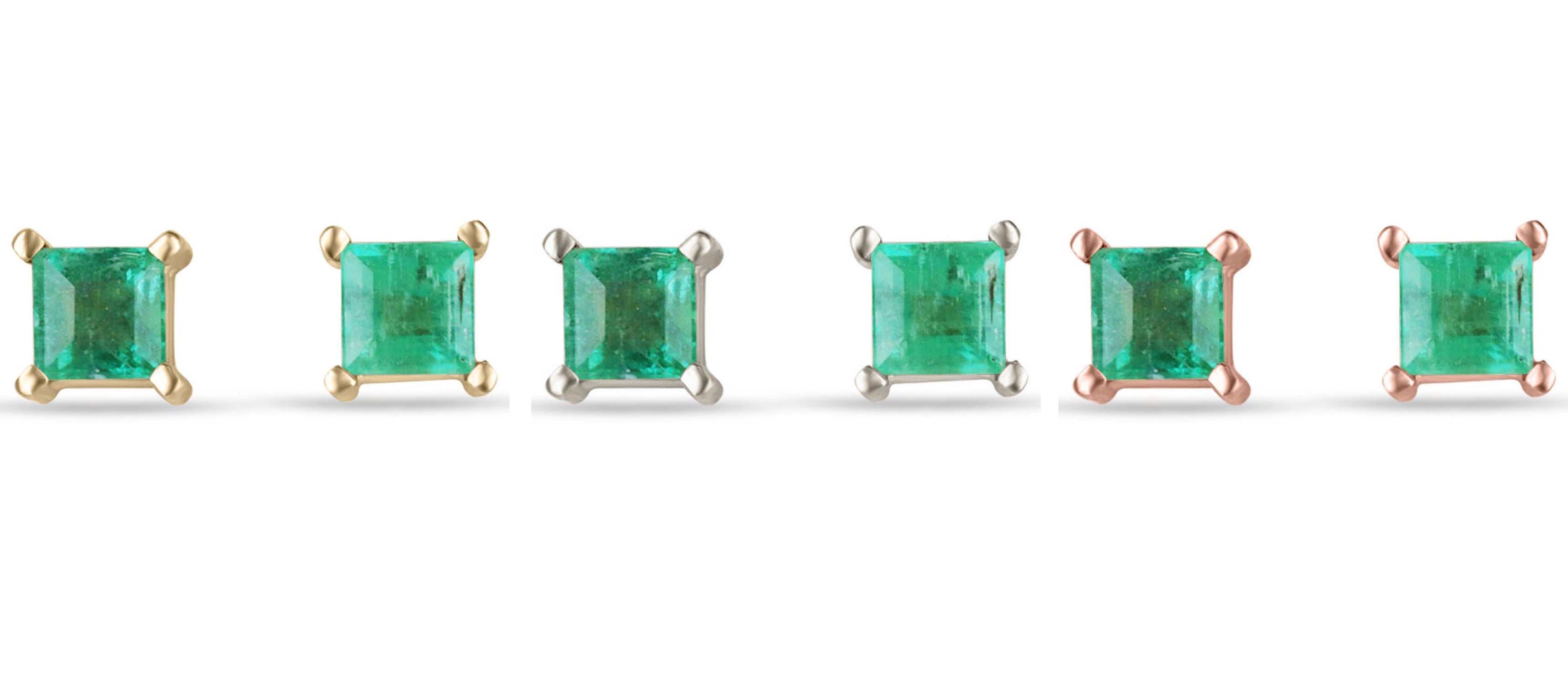 0.80tcw 14K Princess Cut Four Prong Set Emerald Lush Deep Green Asscher Baby Studs Earrings