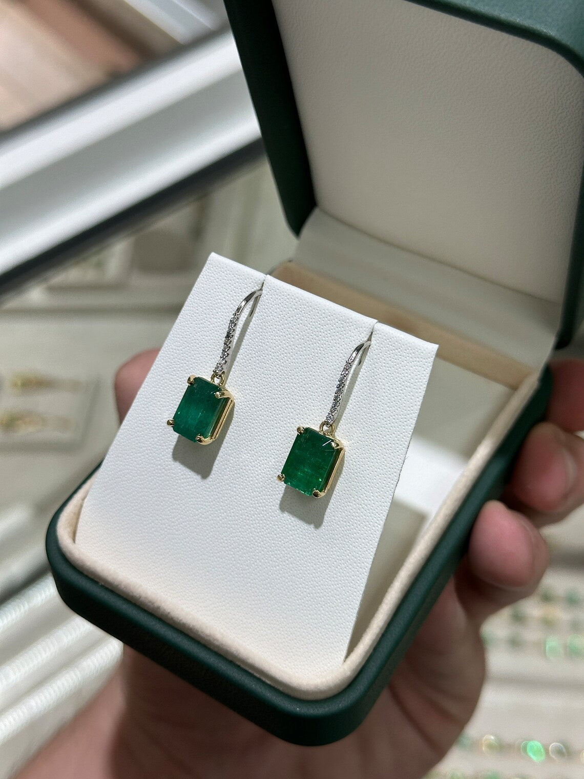 8.32 Carat Emerald Dangle Earrings Feature Diamonds and Leverback Hooks