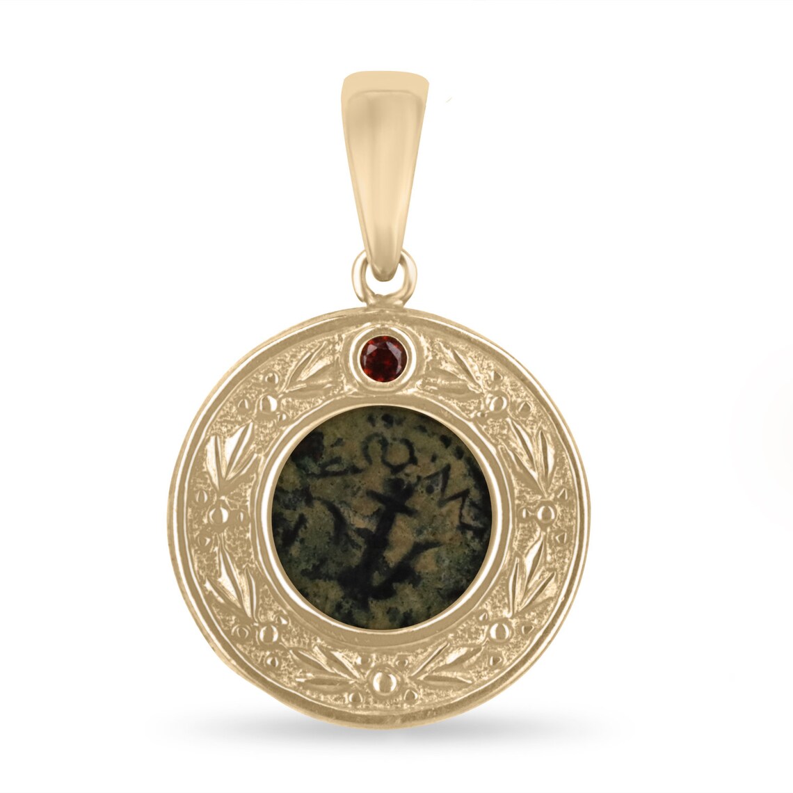 2.00ct natural round orange sapphire bezel set in 10K yellow gold ancient coin pendant