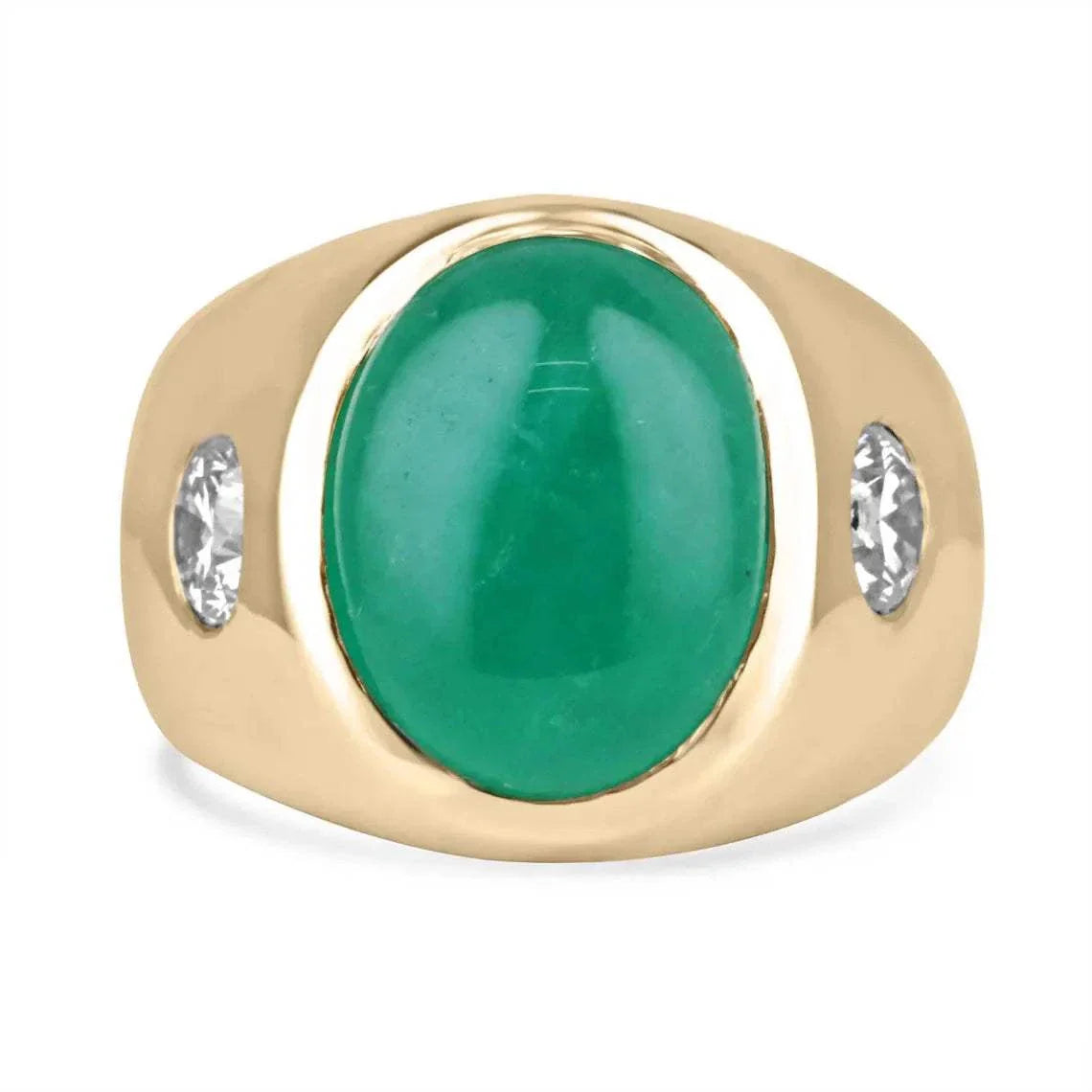 14k yellow gold ring with 5.79ct emerald cabochon center and two round brilliant diamond accents