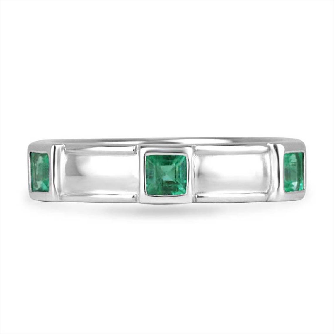 Men's 14K gold emerald three-stone band ring with rich green princess-cut gemstones by JR Colombian Emeralds.