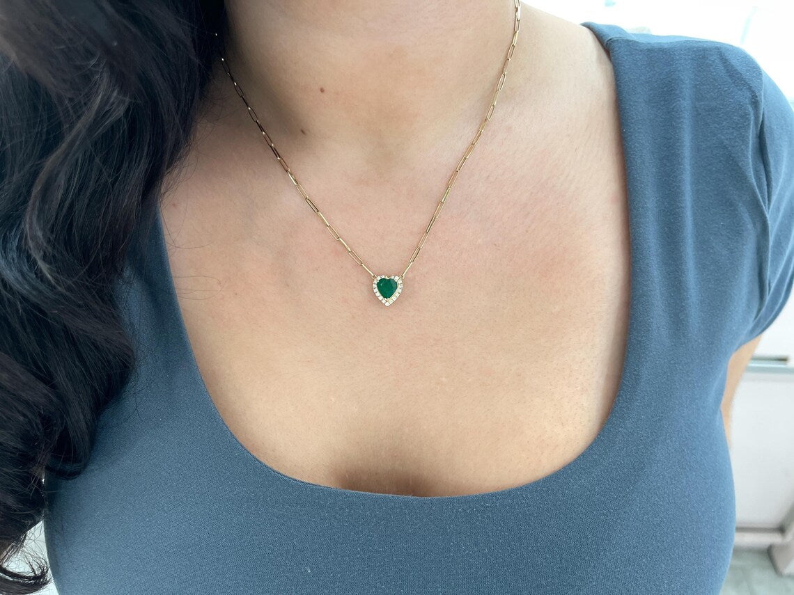 2.0Tcw Heart Emerald Glows In Diamond Halo Pendant Necklace - JR Colombian Emeralds