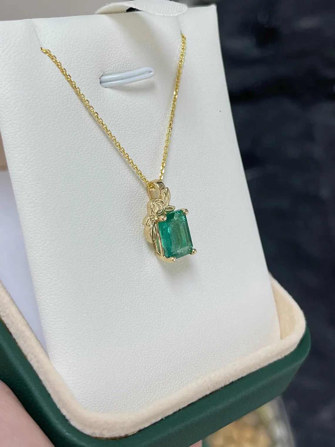 2.61ct Natural Emerald Cut Green Emerald Floral Pendant Necklace
