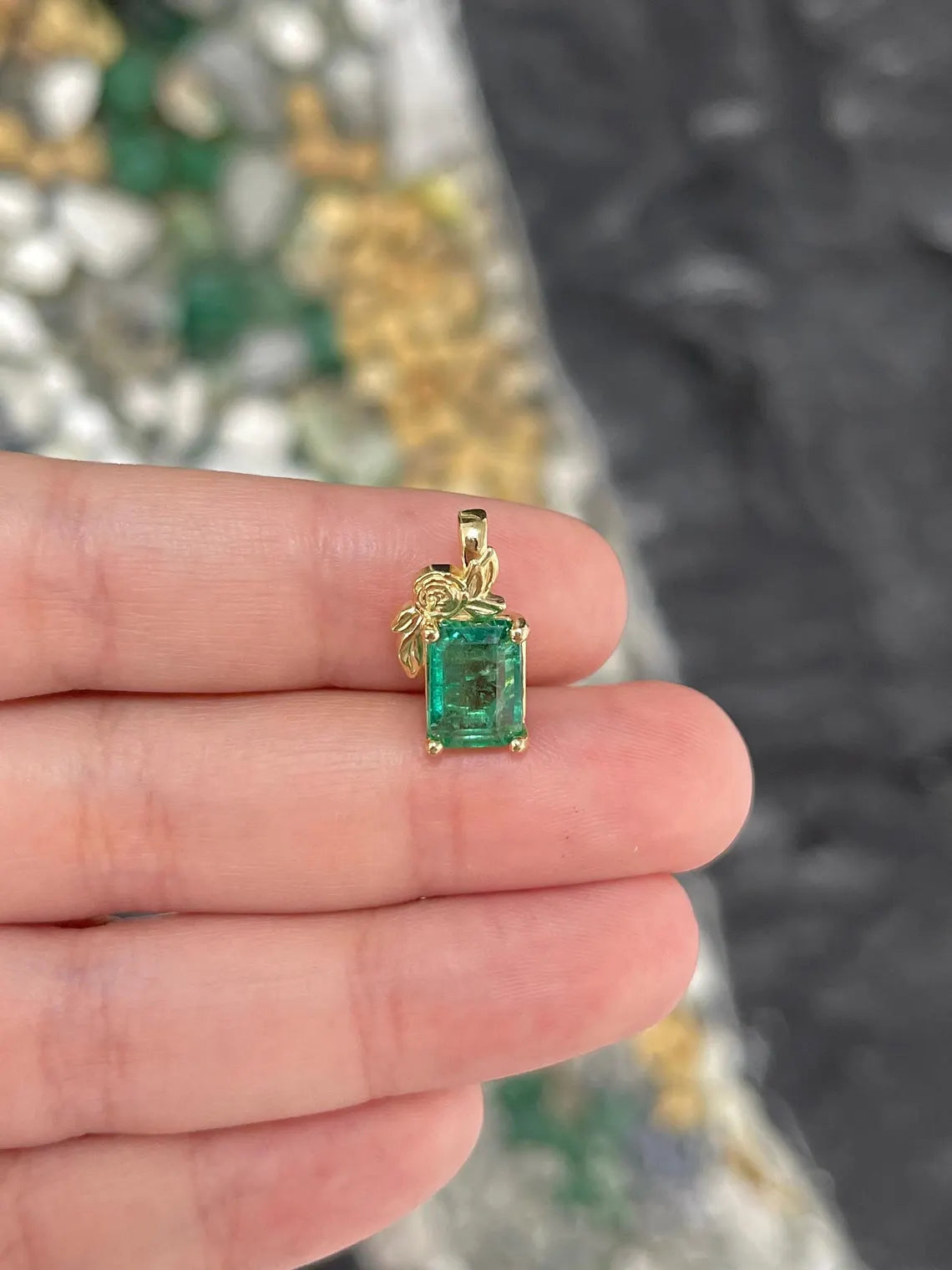 2.61ct Natural Emerald Cut Green Emerald Floral Pendant Necklace