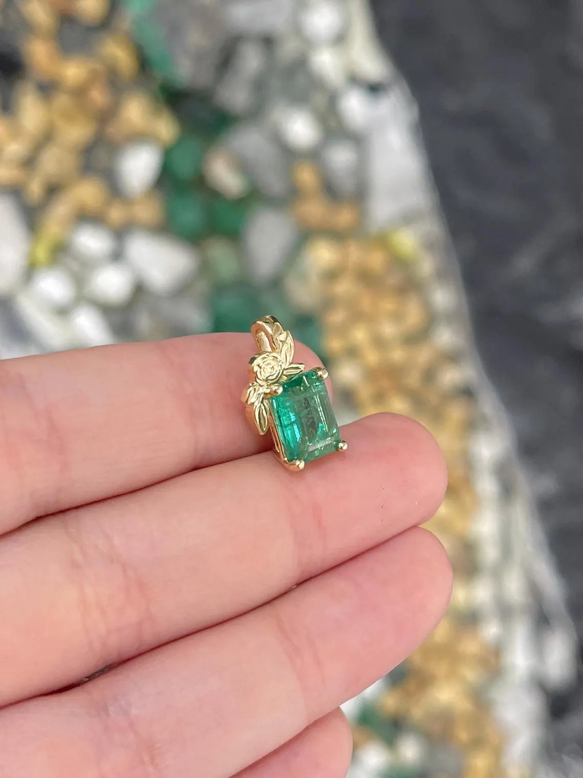 2.61ct Natural Emerald Cut Green Emerald Floral Pendant Necklace