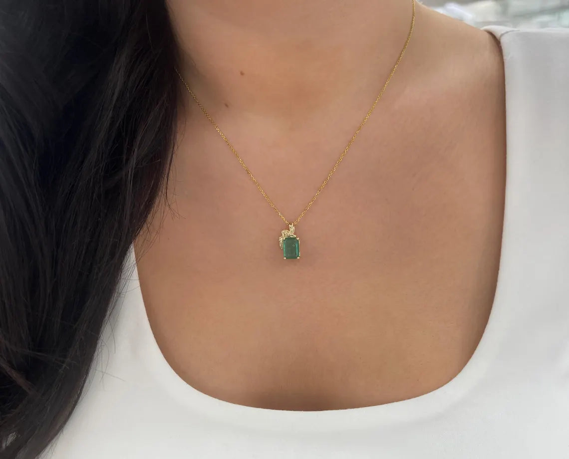 2.61ct Natural Emerald Cut Green Emerald Floral Pendant Necklace