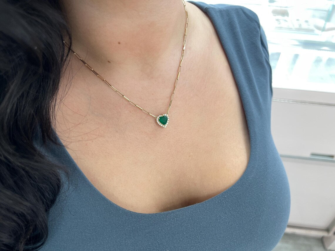 2.0Tcw Heart Emerald Glows In Diamond Halo Pendant Necklace - JR Colombian Emeralds