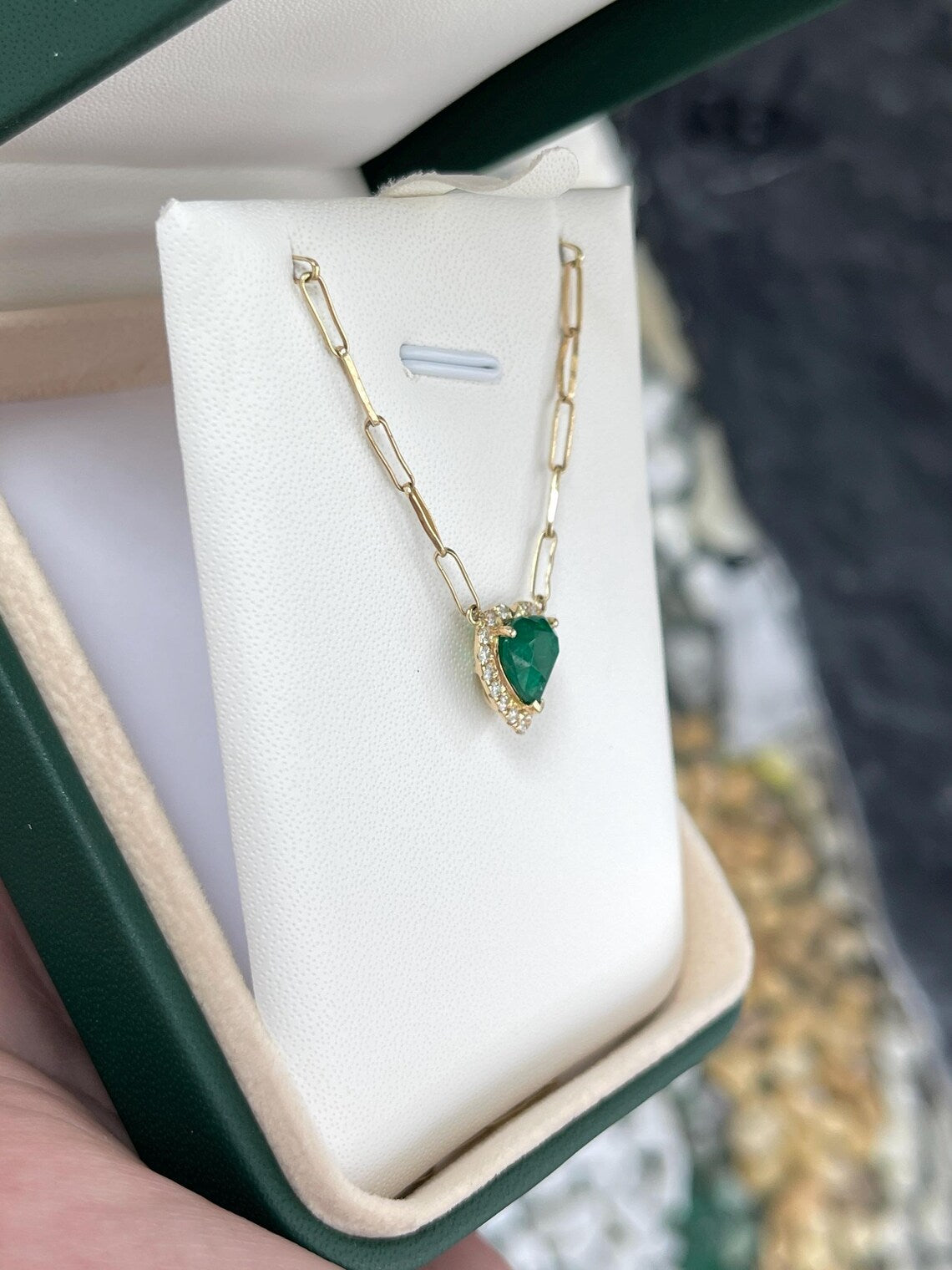 2.0Tcw Heart Emerald Glows In Diamond Halo Pendant Necklace - JR Colombian Emeralds