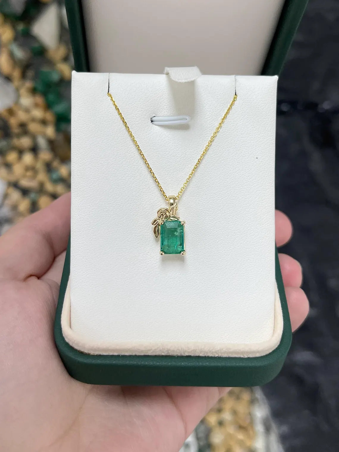 2.61ct Natural Emerald Cut Green Emerald Floral Pendant Necklace