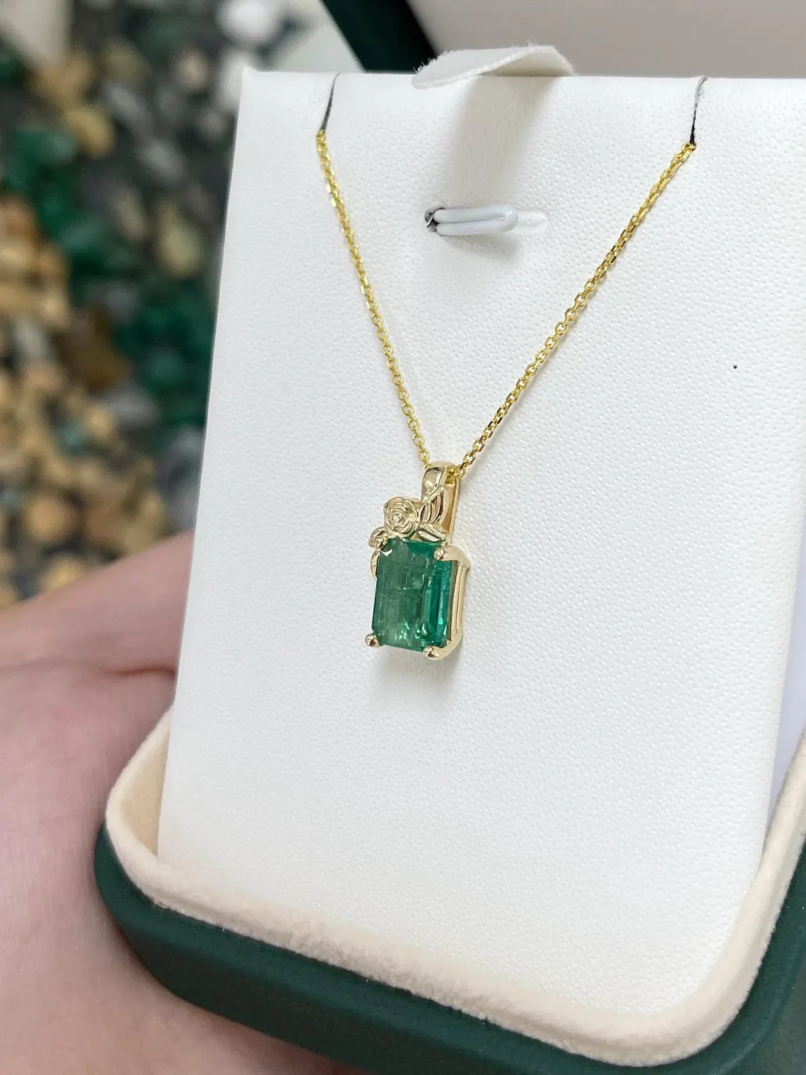 2.61ct Natural Emerald Cut Green Emerald Floral Pendant Necklace