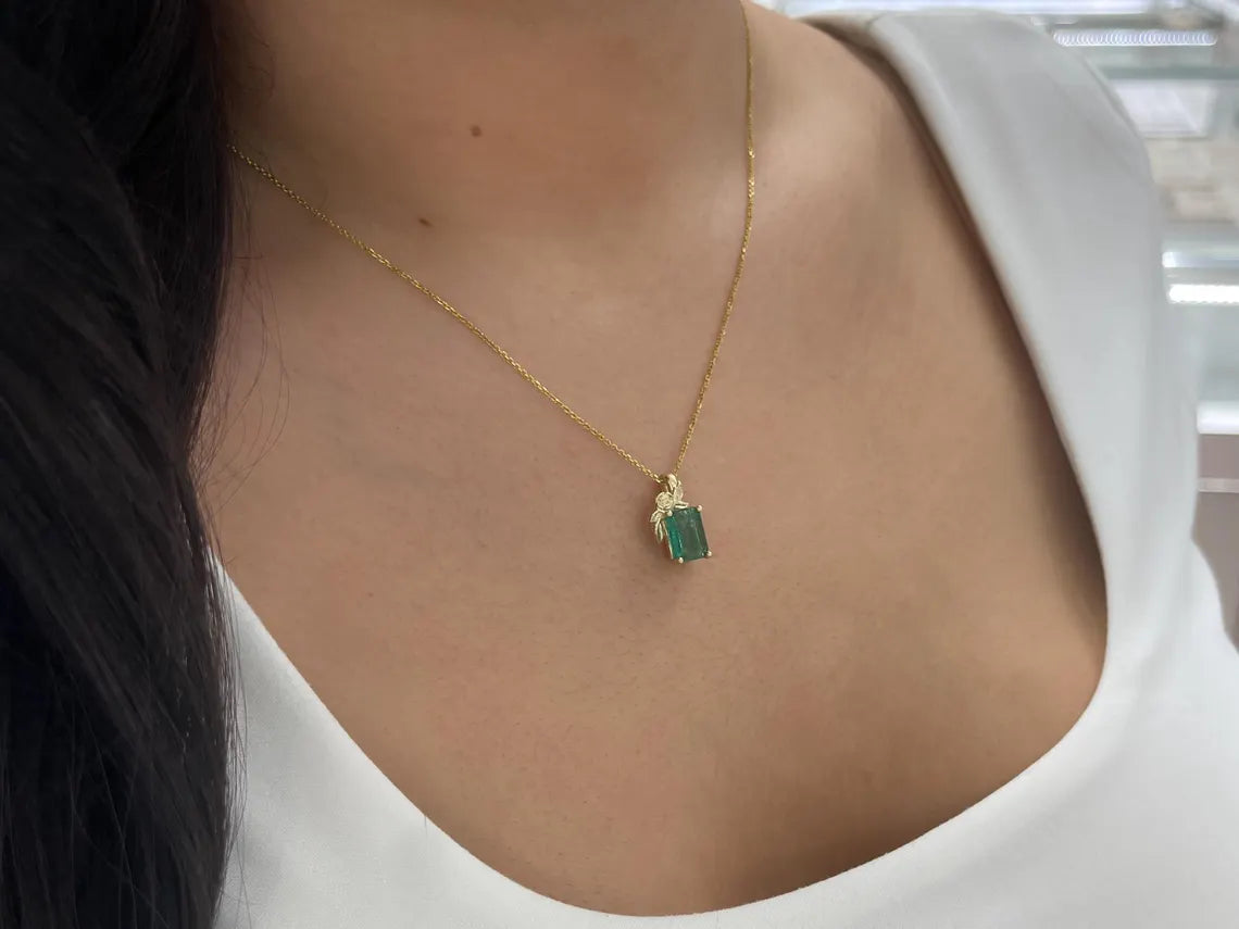 2.61ct Natural Emerald Cut Green Emerald Floral Pendant Necklace