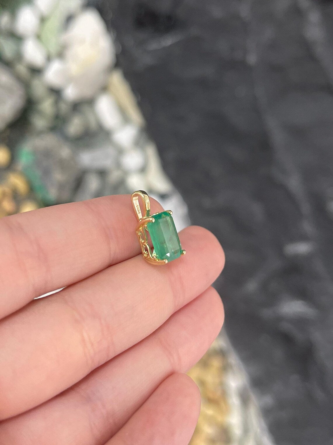 3.62ct Natural Emerald Cut Solitaire Emerald Fleur De Lis Pendant
