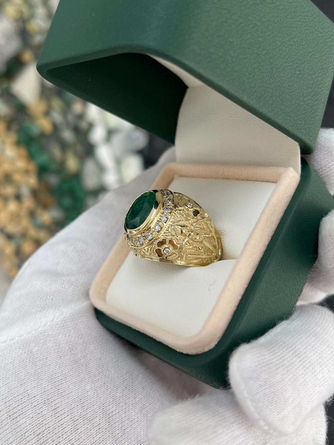 3.23ct Floral Oval Emerald Features Diamond Halo in Bold Statement Ring