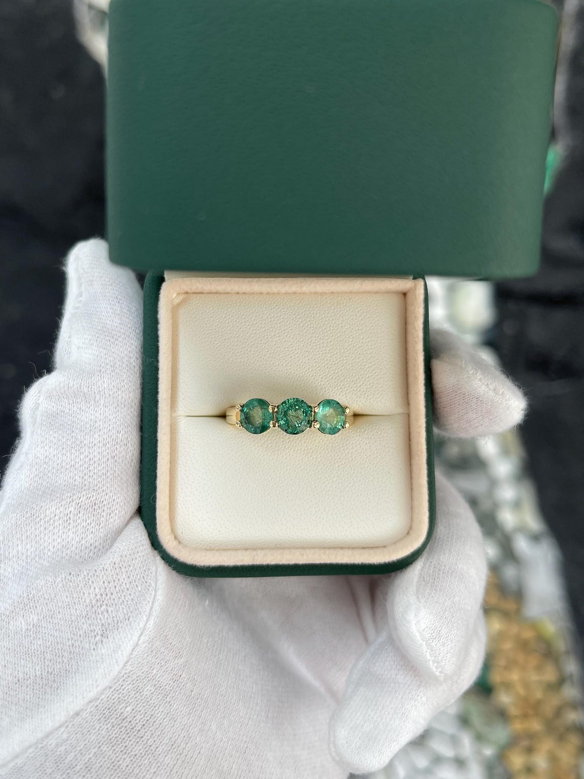 Ladies 2.20 carat round emerald three stone band ring in 14K gold with prong settings by JR Colombian Emeralds.