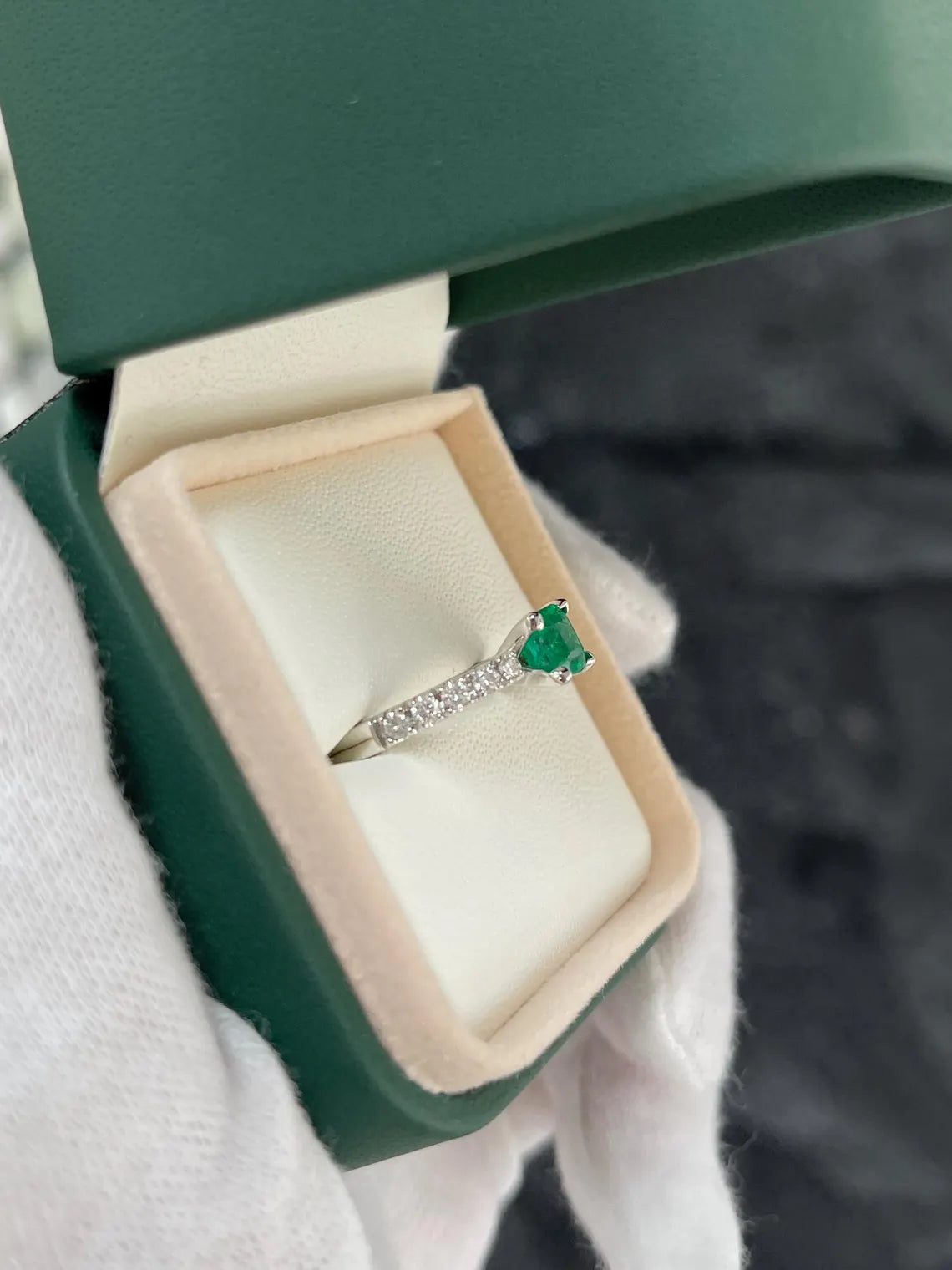 1.50Tcw Rich Green Asscher Emerald Sparkles With Diamond Accent Shine Engagement Ring - JR Colombian Emeralds