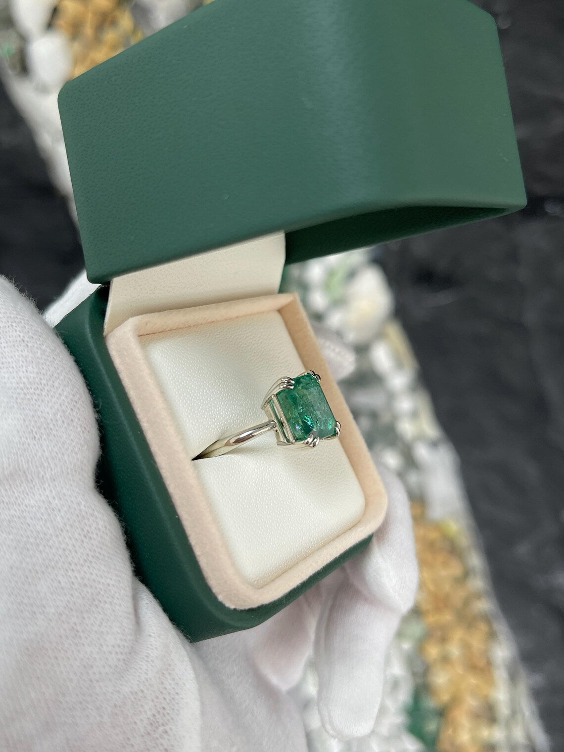 6.01ct Bluish Green Emerald Cut Solitaire Ring Enhances Elegant Style