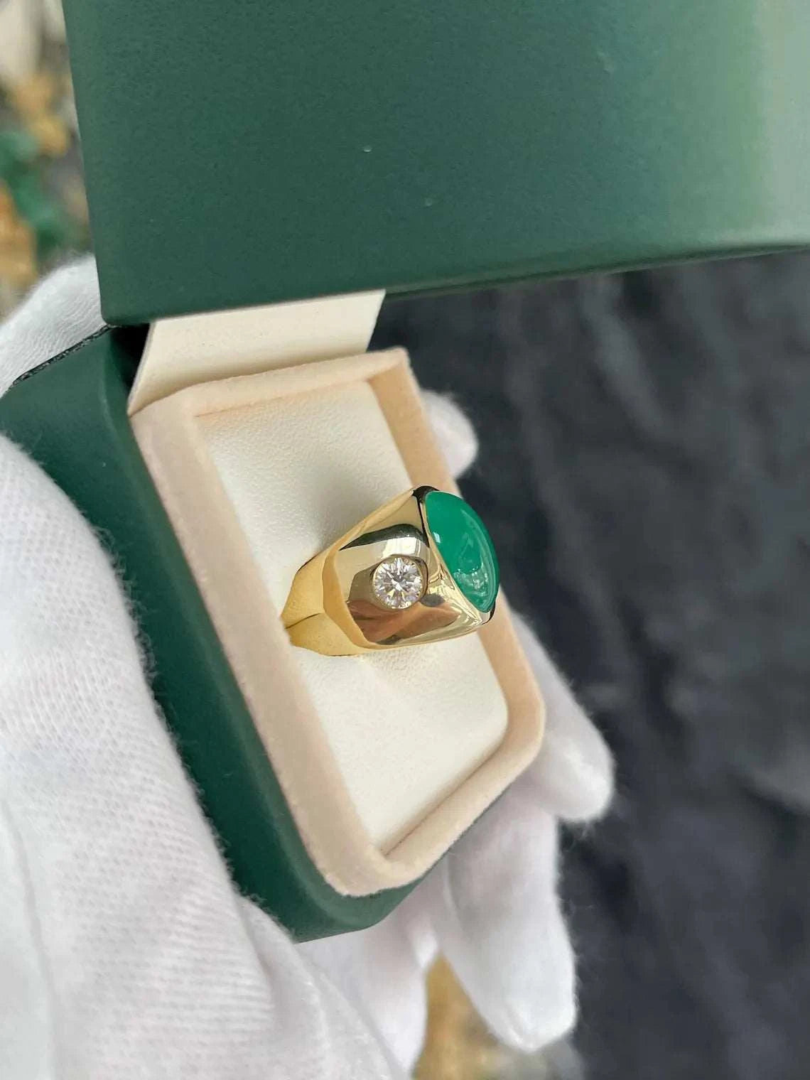 6.49 Carat Emerald Cabochon Three Stone Ring Features Diamond Accents