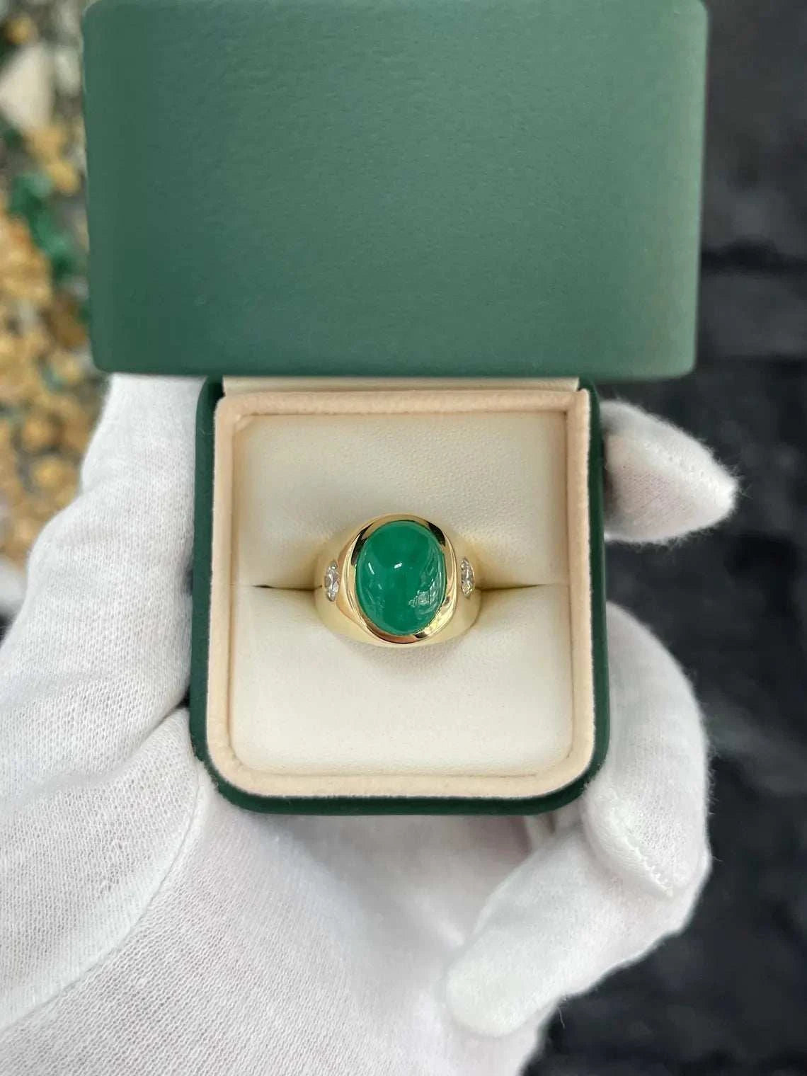 6.49 Carat Emerald Cabochon Three Stone Ring Features Diamond Accents