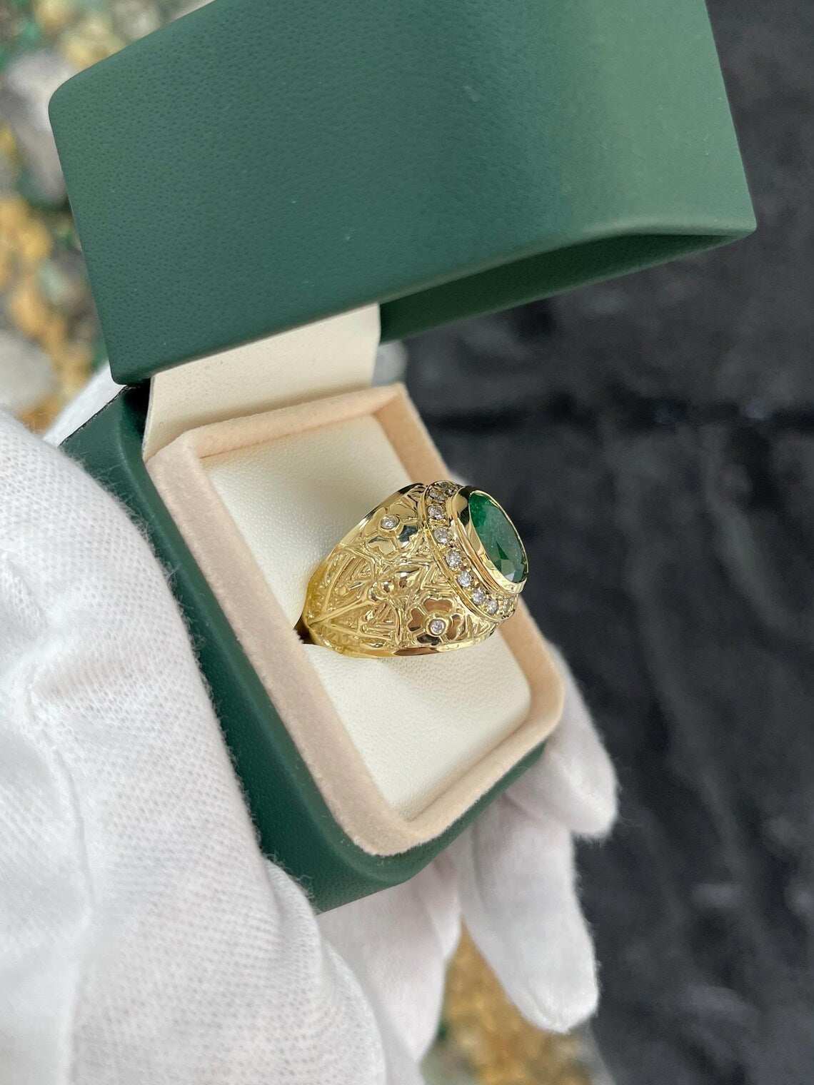 3.23ct Floral Oval Emerald Features Diamond Halo in Bold Statement Ring