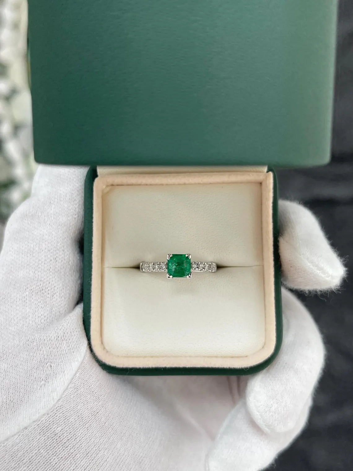 1.50Tcw Rich Green Asscher Emerald Sparkles With Diamond Accent Shine Engagement Ring - JR Colombian Emeralds