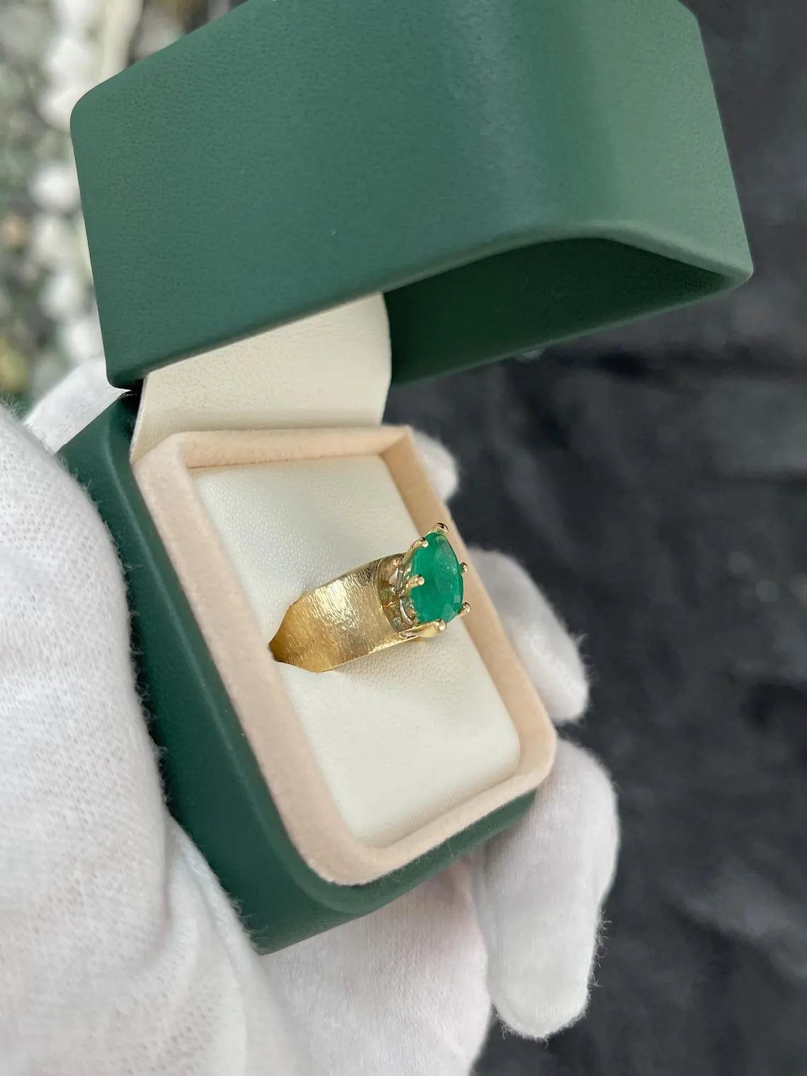 2.68ct Marquise Cut Colombian Emerald Solitaire Ring with 6 Prong Gold Setting