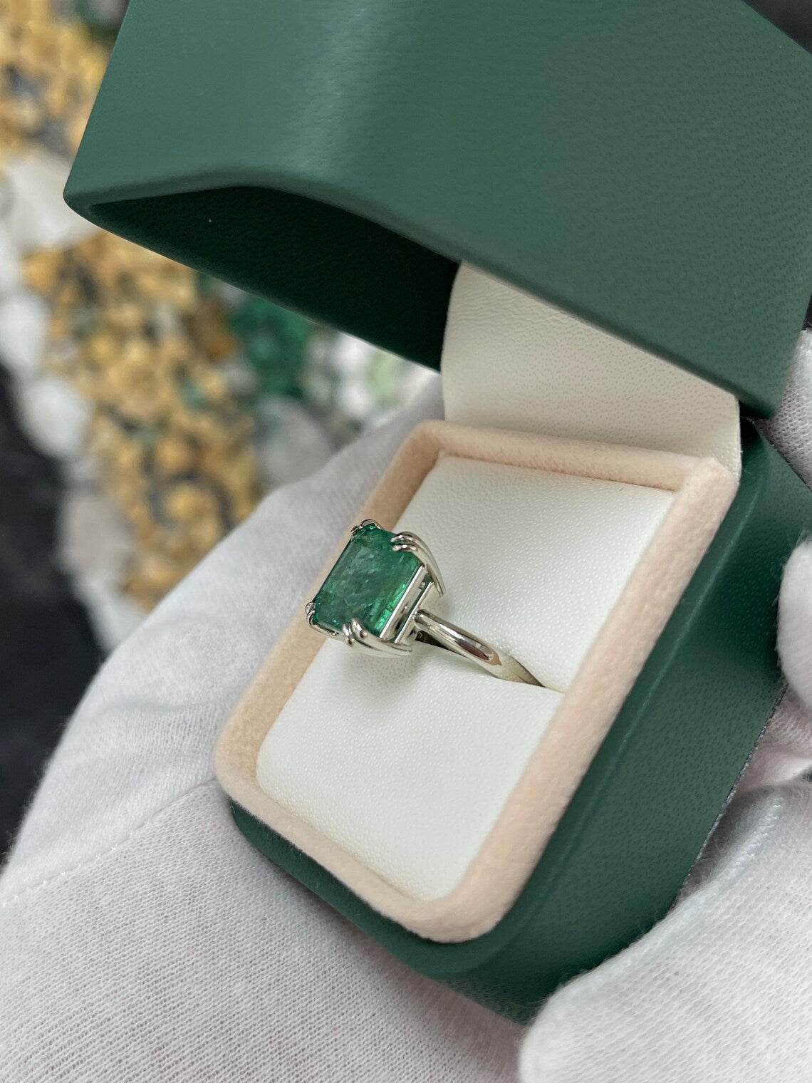 6.01ct Bluish Green Emerald Cut Solitaire Ring Enhances Elegant Style
