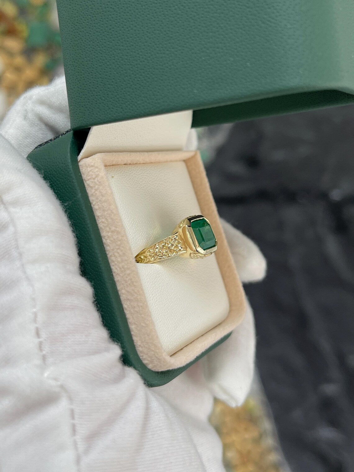 2.76ct Features Lush Green Emerald Cut Set East to West in Floral Ring