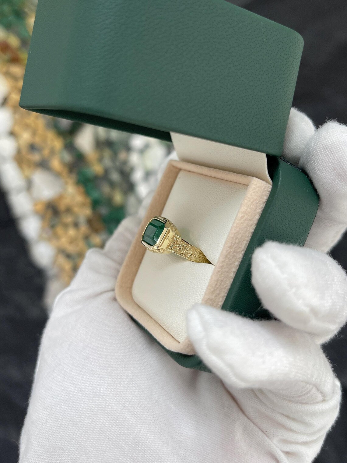 2.76ct Features Lush Green Emerald Cut Set East to West in Floral Ring