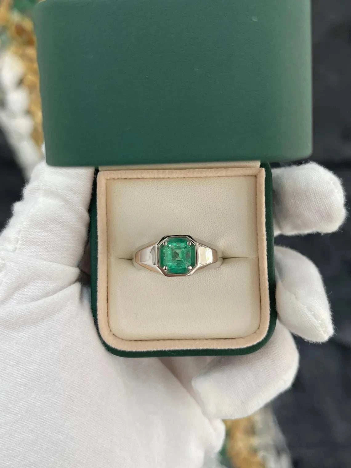 1.90ct Natural Colombian Emerald Asscher Cut Solitaire Men's Ring