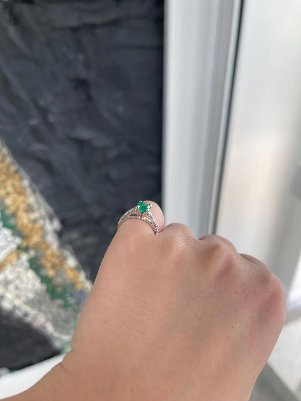 1.50Tcw Rich Green Asscher Emerald Sparkles With Diamond Accent Shine Engagement Ring - JR Colombian Emeralds