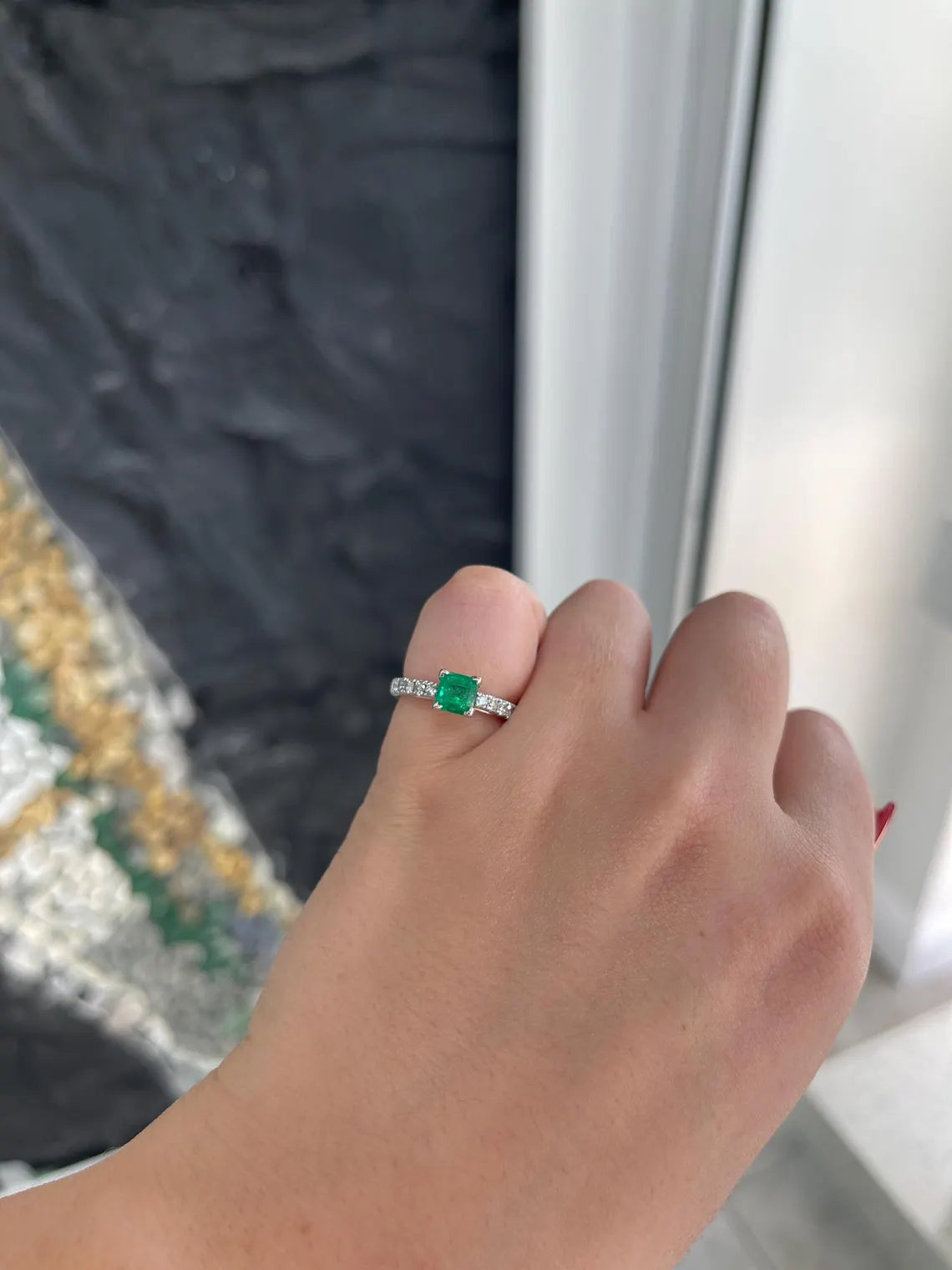 1.50Tcw Rich Green Asscher Emerald Sparkles With Diamond Accent Shine Engagement Ring - JR Colombian Emeralds