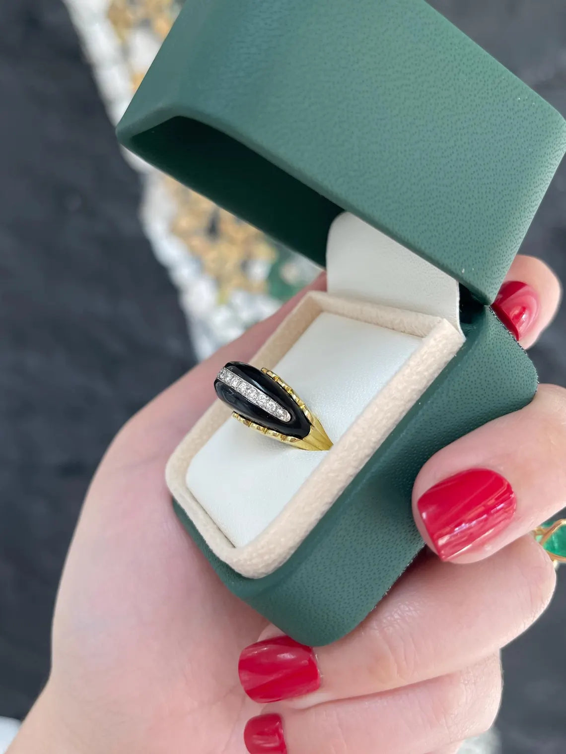 0.00ct Natural Black Onyx Statement Ring Features Pave Diamond Accents