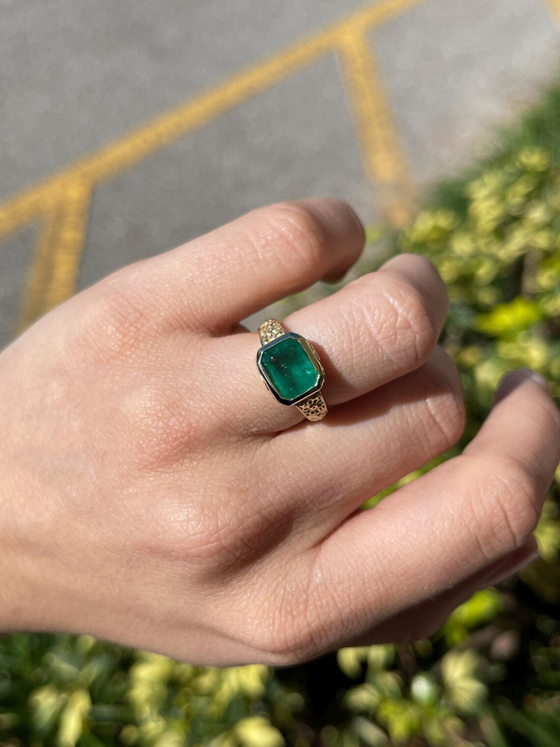 2.76ct Features Lush Green Emerald Cut Set East to West in Floral Ring