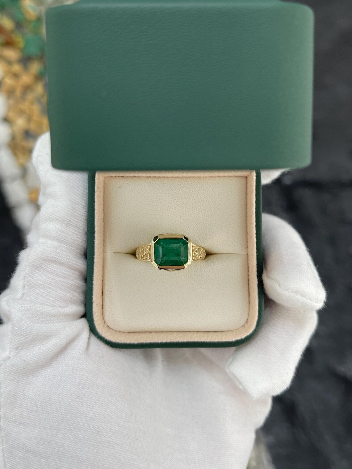 2.76ct Features Lush Green Emerald Cut Set East to West in Floral Ring