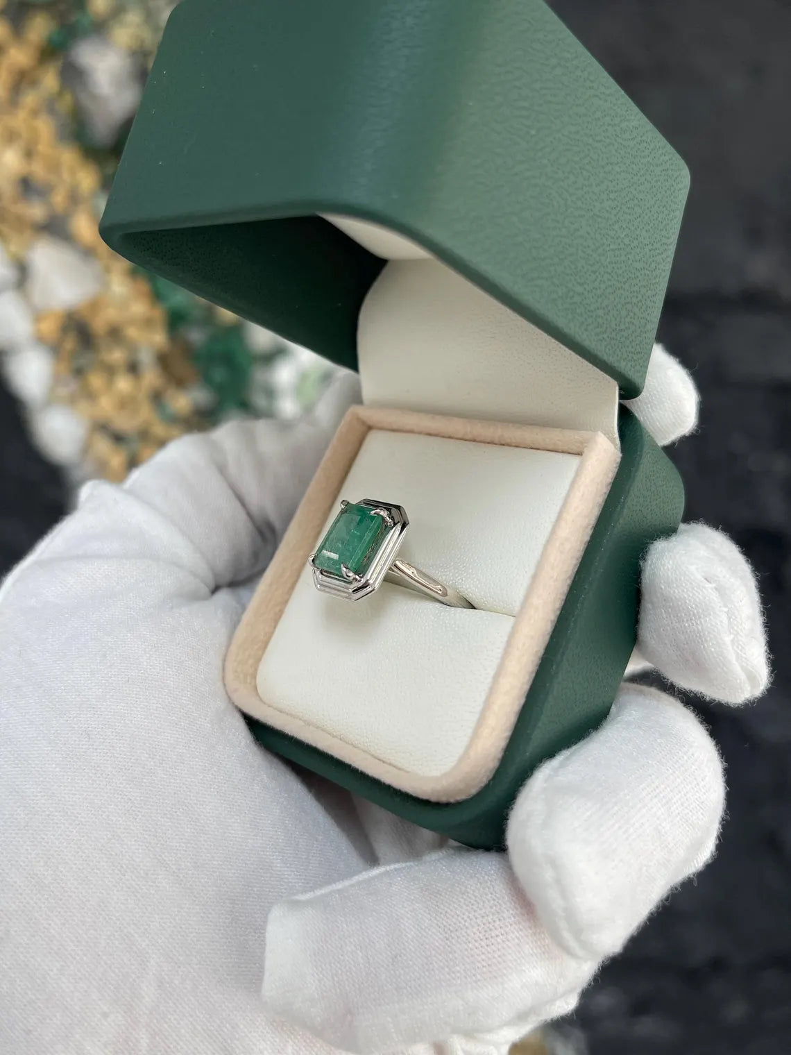 2.75ct Natural Emerald Solitaire Ring, Heavily Included Emerald Cut Ring