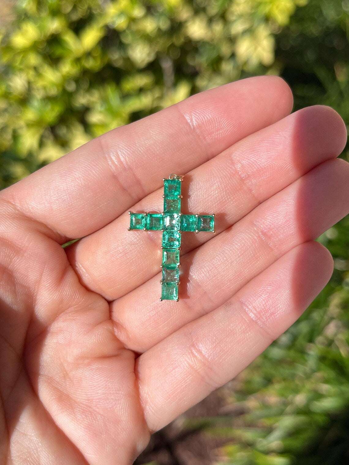 2.20 Carat Natural Princess Cut Emerald Cross Pendant Shines Brightly