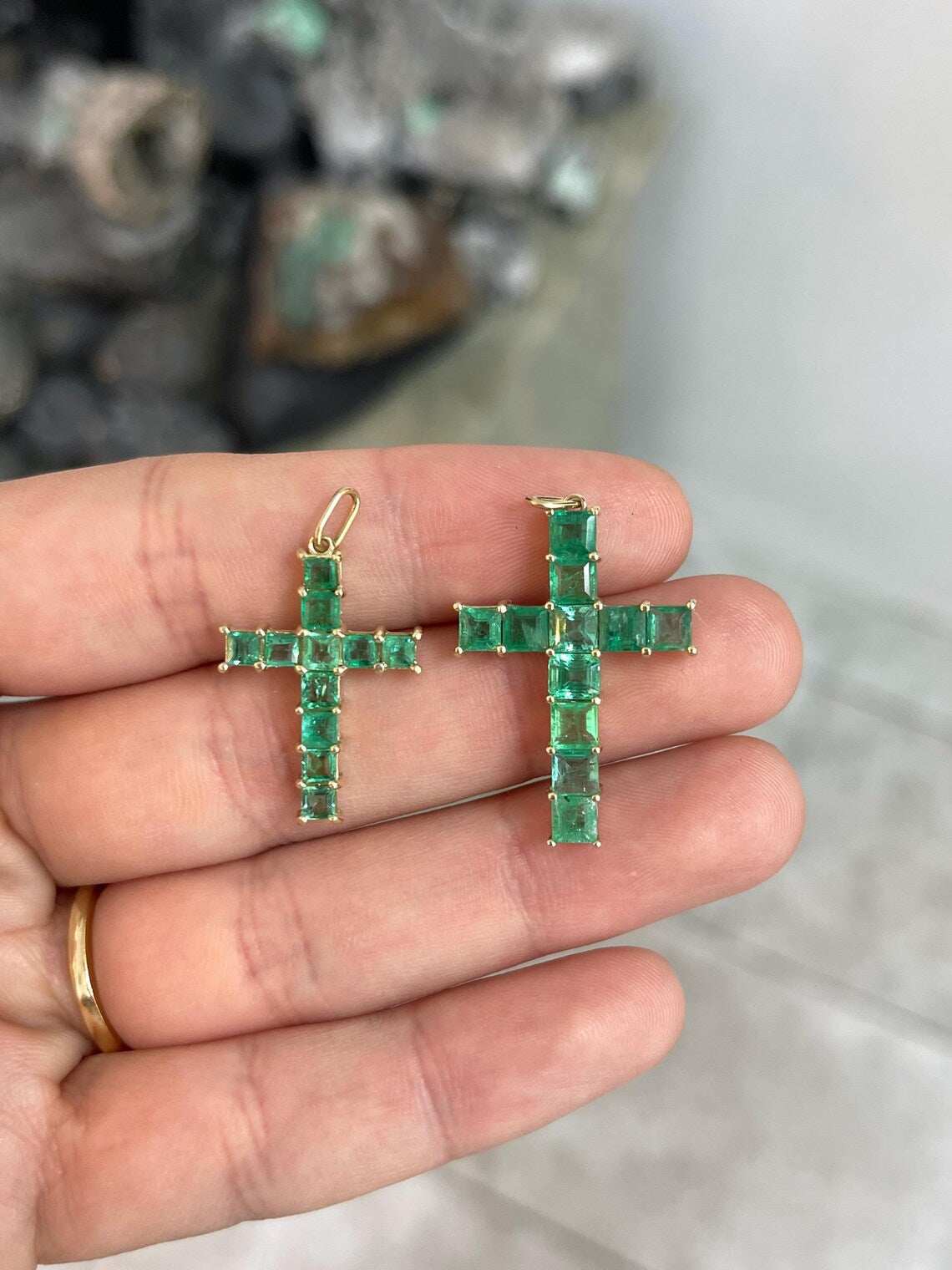 2.20 Carat Natural Princess Cut Emerald Cross Pendant Shines Brightly