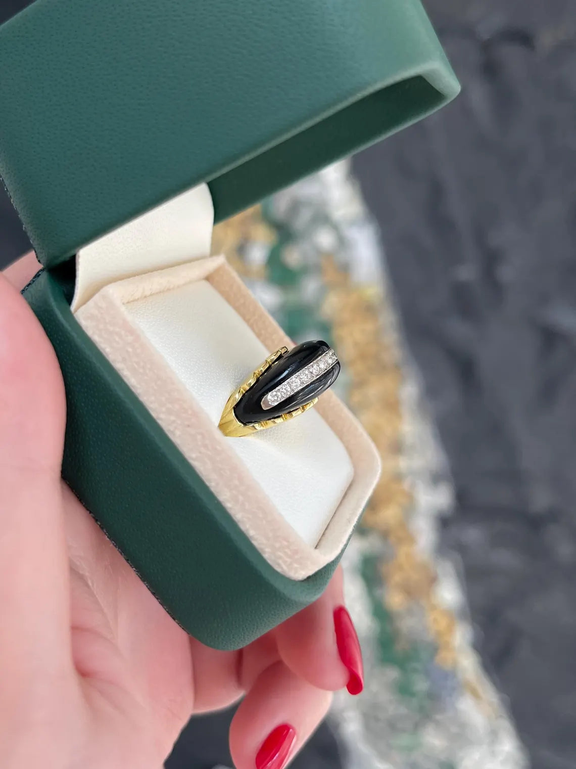 0.00ct Natural Black Onyx Statement Ring Features Pave Diamond Accents