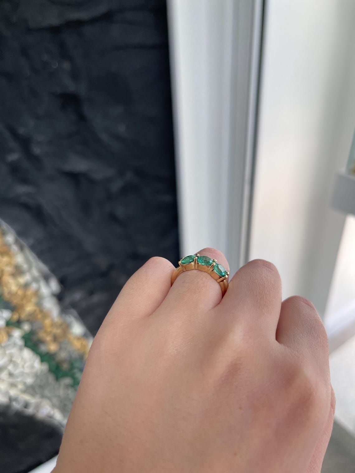 Ladies 2.20 Carat round emerald three-stone band ring in 14K gold with prong settings, rich green color, by JR Colombian Emeralds