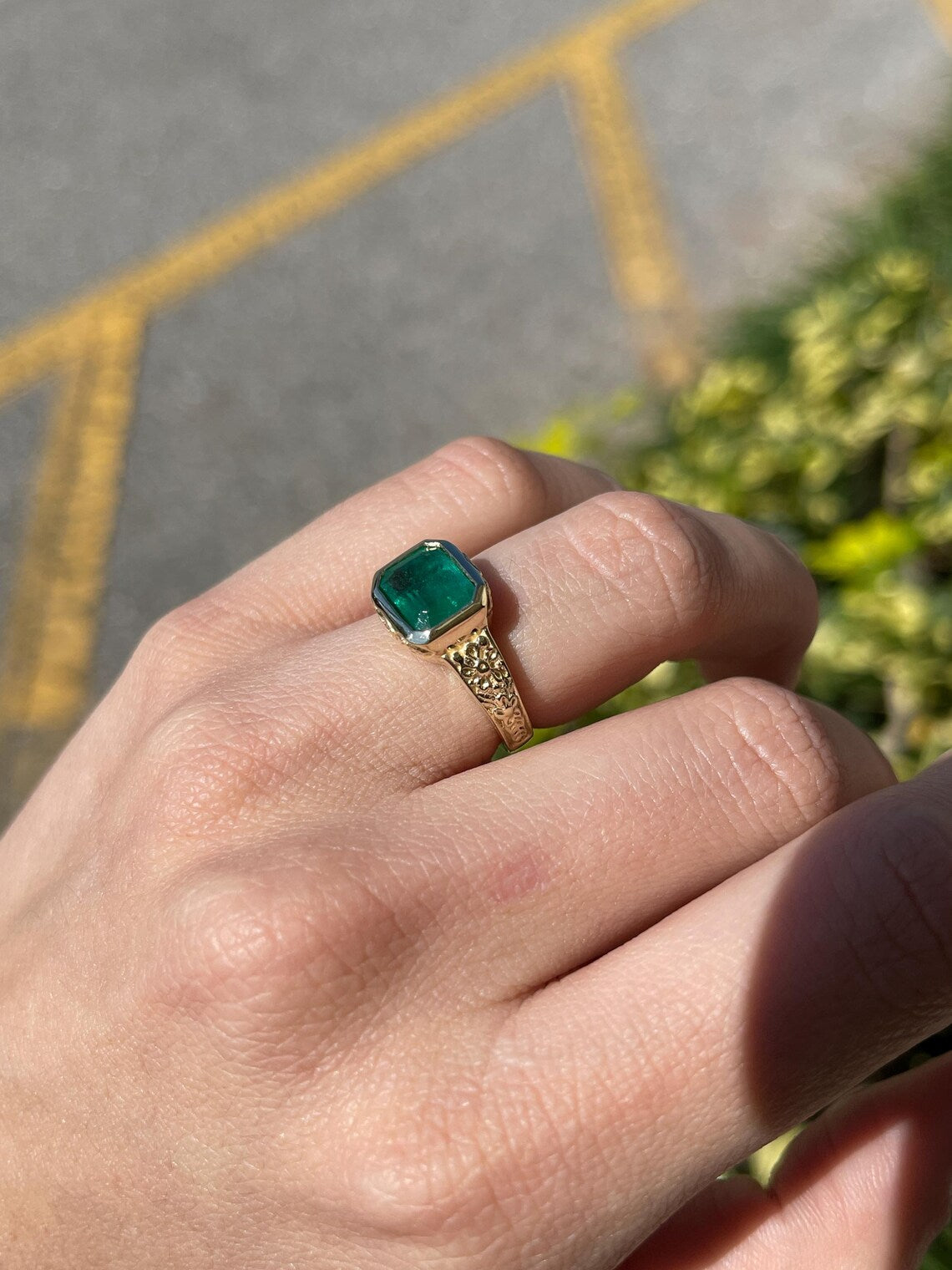 2.76ct Features Lush Green Emerald Cut Set East to West in Floral Ring